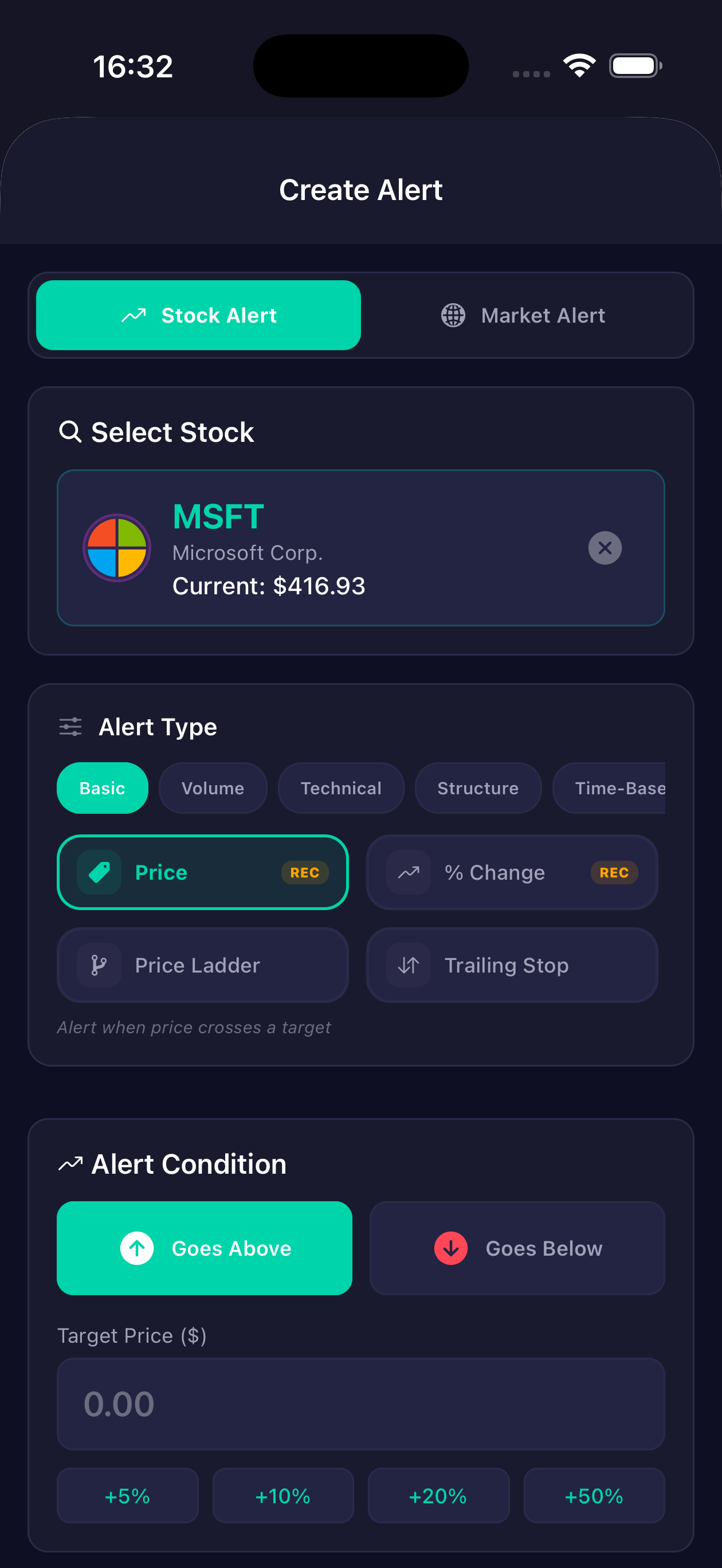 Create a stock price alert with 26 alert types in Stock Alerts