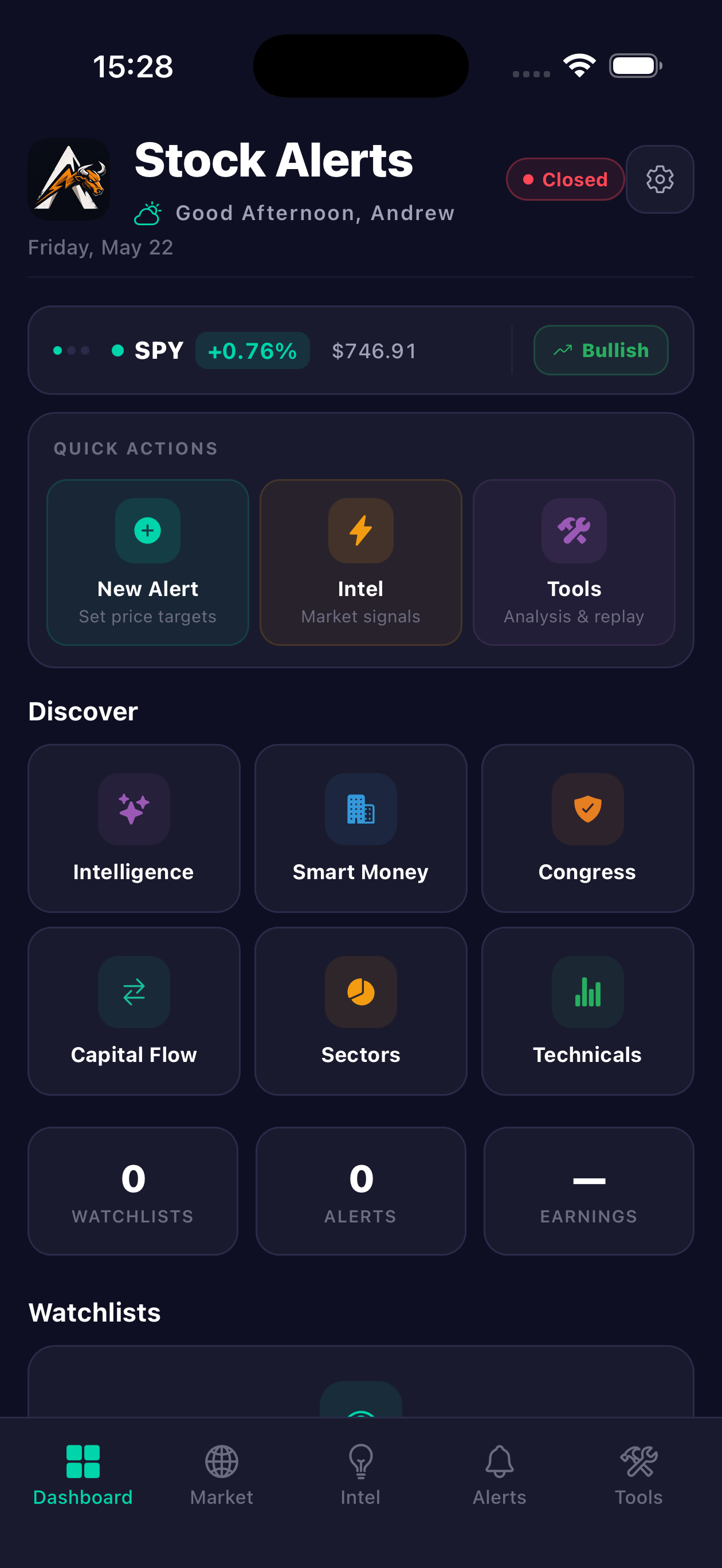 Stock Alerts dashboard tab with watchlists and alert summary