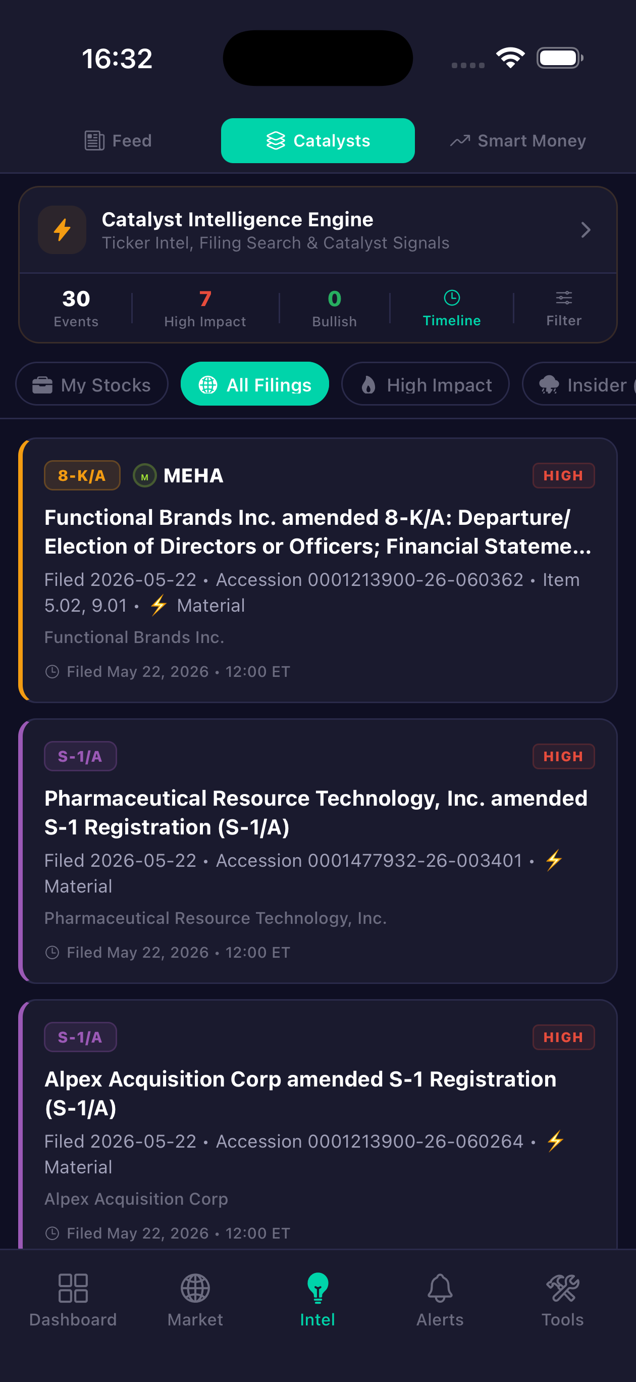 Catalyst Intelligence Engine with live SEC filings and impact scoring