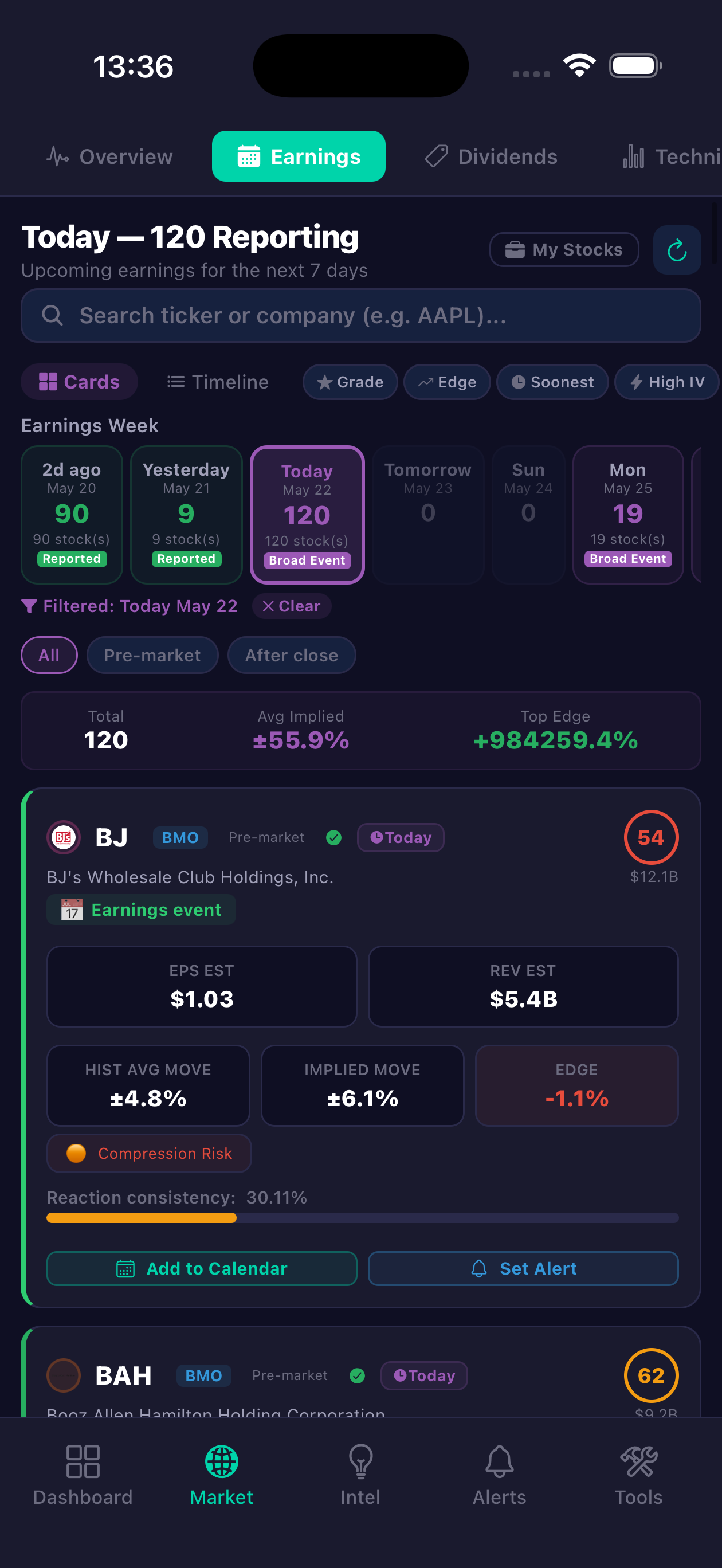 Earnings calendar with 0–100 edge scores in Stock Alerts